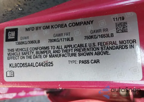 2020 Chevrolet Spark Fwd 1Lt Automatic из США, поврежденный, VIN KL8CD6SA4LC442625